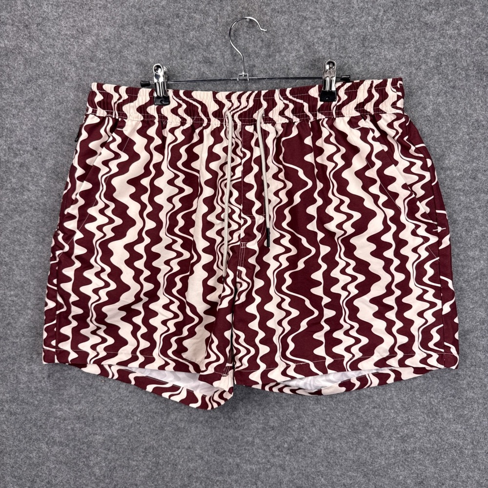 OAS Mens XXL Burgundy Wavy Psychedelic Print Swim Trunks Mesh Lined Shorts